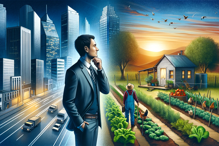 An artistic representation of a person transitioning from a 9-to-5 job to starting a small farming business. On the left side, a bustling cityscape wi.png