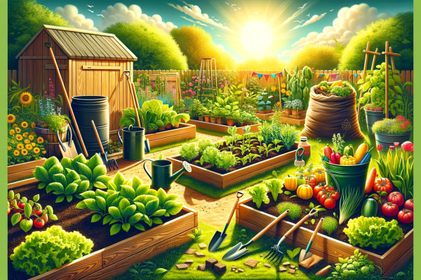 A vibrant and inviting scene of a beginner's garden. The garden is set in a sunny backyard with a variety of plants in both raised beds and traditiona.png