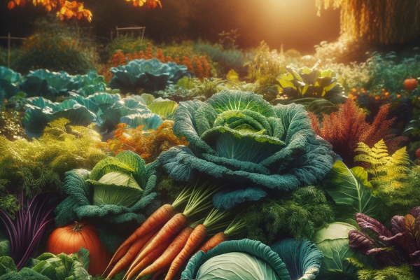 An image of a lush fall garden full of mature vegetables like cabbages, kale, carrots, and beets, with a warm, soft autumn sunlight casting gentle sha.png