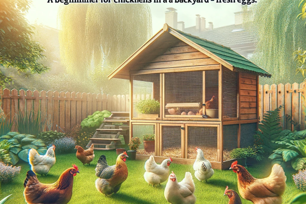 backyard scene showcasing a small, well-maintained chicken coop with a flock of hens around it. The setting is a lush garden, symbolizin.png